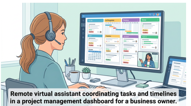 Remote virtual assistant coordinating tasks and timelines in a project management dashboard for a business owner.”