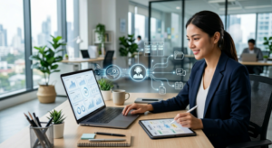 Virtual assistant services and artificial intelligence workflow in a modern workspace with AI dashboard, task management tools, and automation icons for AI project productivity.