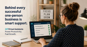 Entrepreneur using 247Virtual Assistants for virtual administrative support to improve productivity and grow a one-person business.