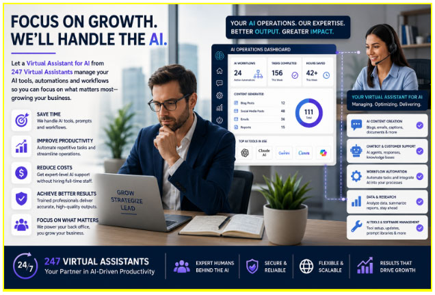 Virtual Assistant Services from 247VirtualAssistants helping organize daily tasks, calendars, customer communication, and operations for a small business.
