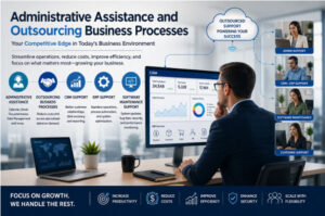 Business team leveraging administrative assistance and outsourcing business processes for CRM, ERP, software maintenance, and operational efficiency
